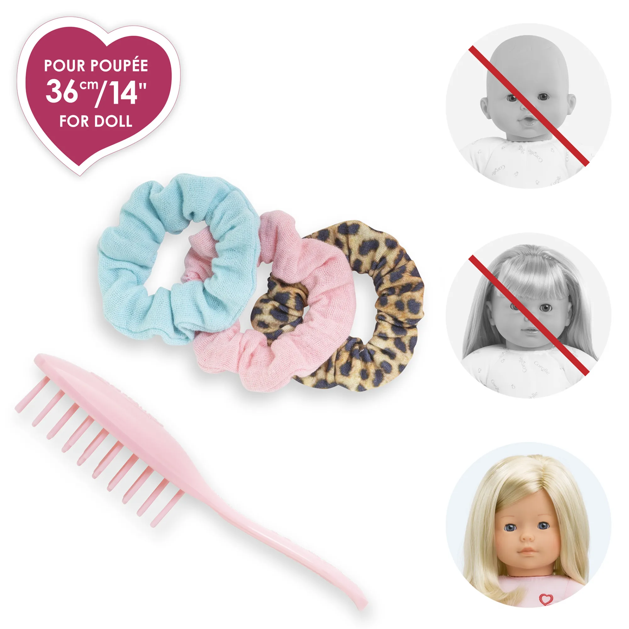 Corolle Ensemble Brosse et 3 Chouchous pour poupée ma